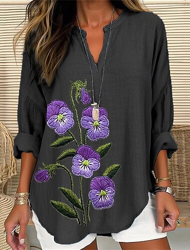  Damen Hemd Blume Täglich Stilvoll Basic Langarm V Ausschnitt Normale Oberteile Täglich Ferien Druck Schwarz Weiß Leicht Blau Frühling Herbst