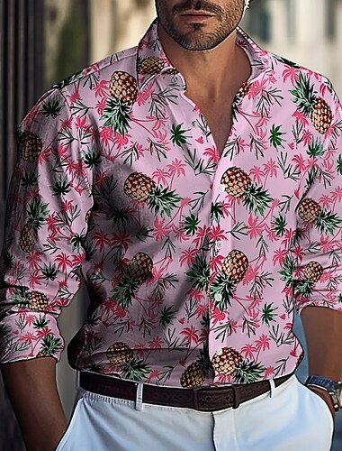  Herren Kokospalme Tropische Pflanzen Blumen Hemd Durchgeknöpft Hemd Hawaiihemden Langarm Hawaiianisch Outdoor Urlaub Ferien Sommer Frühling Umlegekragen 3D-Druck Hemden mit Kragen Schwarz Weiß Rosa