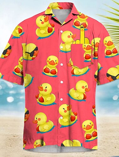  Herren Kleine gelbe Ente Lustig Kuba-Kragen-Hemd Sommer Hawaiihemd Alohahemd Kurzarm Hawaiianisch Urlaub Ferien Strandbekleidung Sommer Frühling Hemd mit Camp-Kragen 3D-Druck Eine Tasche vorne