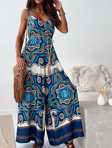  Damen Normal Overall Streetwear Blumen Ärmellos V Ausschnitt Druck Straße Täglich Normale Passform Marineblau Königsblau Blau Sommer