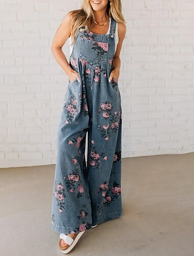  Mujer Normal Mono Ropa de calle Floral Sin Mangas Escote en U Bolsillo Estampado Calle Noche Ajuste regular Negro Rojo Azul Piscina Verano
