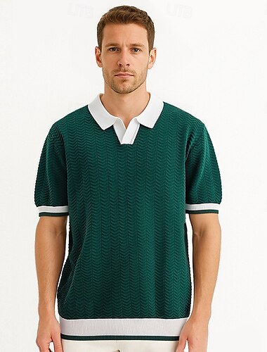  Herren Polo Strick-Polopullover Geschäft Lässig V Ausschnitt Kurzarm Formell Farbblock Neuheit Sommer Ganzjahres Schwarz Weiß Khaki Armeegrün Polo