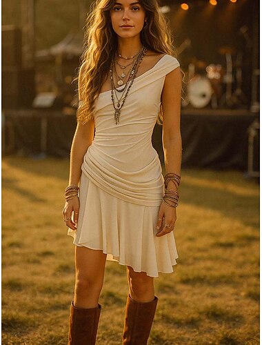  Robe boho pour femmes Robe western Robe vintage Mini robe Robe en A Robe décolletée Robe décontractée Extérieur Sortie Ajustement sur mesure Couleur unie Sans manches Une épaule Abricot Été Printemps