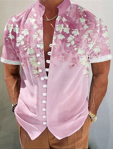  Herren Kokospalme Tropische Pflanzen Sommer Hawaiihemd Alohahemd Stehkragenhemd Kurzarm Hawaiianisch Urlaub Strandbekleidung Sommer Frühling Mandarinkragen 3D-Druck Button-Down-Hemden Rosa Blau