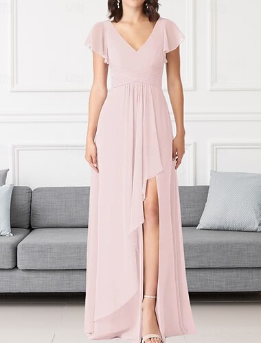  A-Linie Brautjungfernkleid V-Ausschnitt Langarm eleganter Sweep/Pinselzug Chiffon mit Falten/Rüschen 2025