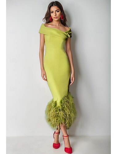  Grønn Fjær Kolonne Cocktailkjoler Elegant Kjole Formell Bryllup Ankellengde Kort Erme Off Shoulder Stretch Krepp