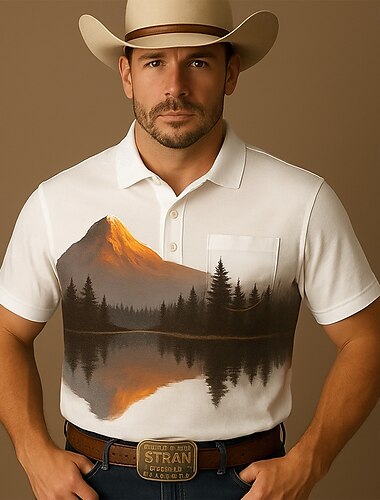  Homme Arbre Montagne Polo Manche Courte Polos Chemises à Col Occasionnel Style Western Extérieur Athleisure Boutons Avec Poches Impression 3D Été Blanche Bleu Marron