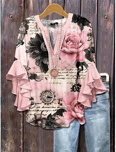  Damen Bluse Blumen Grafik Gestreift Elegant Bohemien Ethnisch Dreiviertelarm V Ausschnitt Normale Oberteile Täglich Ferien Urlaubskleidung Rüsche Druck Salbeigrün Rosa Purpur Sommer Frühling Herbst