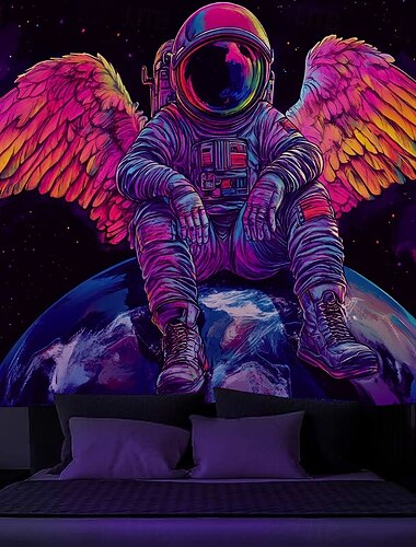  Schwarzlicht Teppich Leuchtet im Dunkeln Glow Party UV-reaktive Astronautenflügel Trippy Berg Nebel Galaxie Hängender Teppich Wandkunst Mural für Wohnzimmer Schlafzimmer