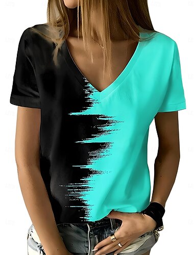 Damen T Shirt Grafik Geometrisch Farbverläufe Vintage Stilvoll Modern Kurzarm V Ausschnitt Normale Oberteile Täglich Druck Weiß Gelb Rote Blau Purpur Sommer Frühling