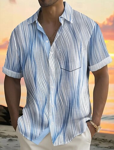  Men's Geometric Gradient Line Shirt Summer Shirt Button Up Shirt Short Sleeve Fashion Casual Outdoor Vacation Dailywear Summer Spring Turndown 3D Print Collared Shirts Front One Pocket White