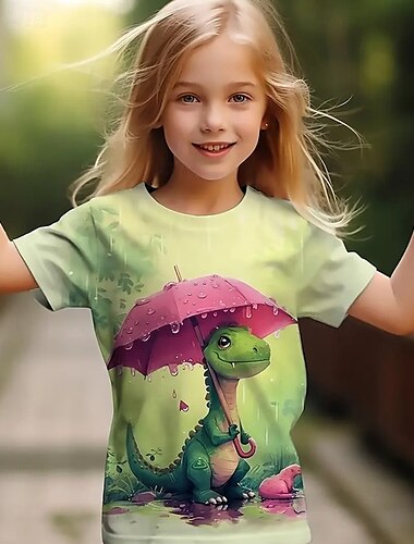  Jente 3D Dinosaur T skjorte T-skjorte Kortermet Sommer Vår Mote Grunnleggende Barn 4-12 år Crew-hals utendørs Avslappet Daglig Normal