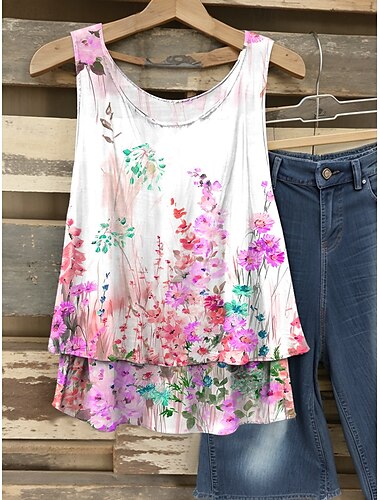  Damen Camisole-Tanktop Blumen Grafik Elegant Romantisch Lässig Ärmellos V Ausschnitt Normale Oberteile Täglich Patchwork Druck Rosa Blau Purpur Grün Sommer Frühling
