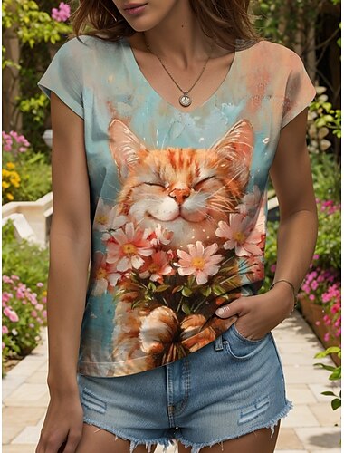  Damen-Trägershirt mit Tieren, Blumenmuster, Grafik, Katze, Vintage, tropisch, stilvoll, ärmellos, kurze Ärmel, V-Ausschnitt, normale Oberteile, Alltagsdruck, Orange, Sommer, Frühling