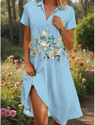  Damen Midikleid A Linie Kleid Sommerkleid Urlaub Lässig Strand Date Sommerkleid Normale Passform Blumen Grafik Kurzarm Revers Rosa Blau Grün Sommer