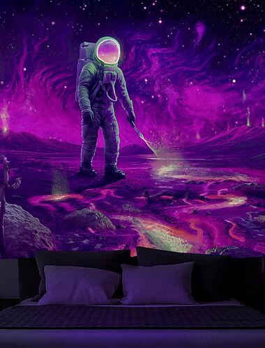  Blacklight Wandteppich Leuchtet im Dunkeln Glow Party UV Reaktiv Astronaut Trippy Misty Pilz Hängender Wandteppich Wandkunst Mural für Wohnzimmer Schlafzimmer