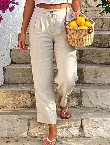  Mujer Pantalones de lino y algodón pantalones Moda Ropa de calle Longitud total Cintura Media Plano Bolsillo Cintura elástica Al Aire Libre Cómodo Exterior Noche Amarillo Claro Negro Blanco Verde