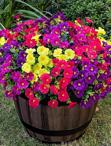  16 paquetes de flores artificiales de imitación para exteriores: gloria de la mañana falsa de 4 colores para macetas, flores falsas resistentes a los rayos UV para el porche del hogar, el patio y el