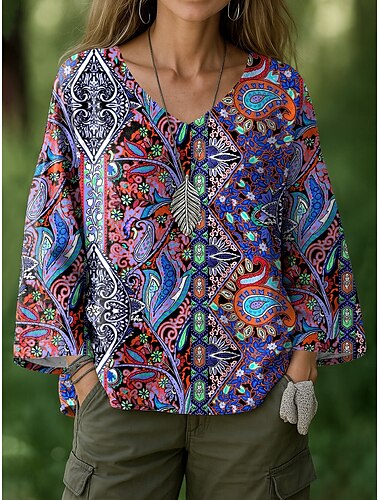  Damen Bluse Grafik Geometrisch Paisley-Muster Bohemien Vintage Tropisch Langarm V Ausschnitt Normale Oberteile Druck Gelb Königsblau Purpur Grün Sommer Frühling