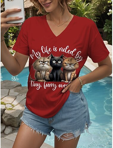 Women's T Shirt Graphic Cat Letter Vintage Stylish Classic Short Sleeve V Neck Regular Tops Daily Print Black White Pink Red Blue Summer Spring