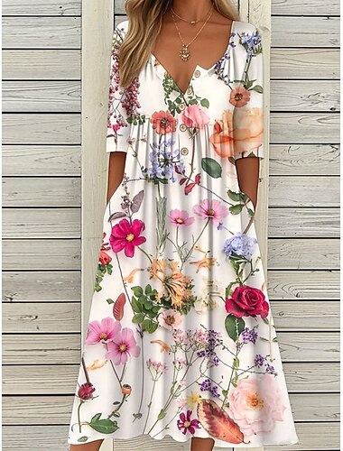  Damen Midikleid Freizeitkleid Sommerkleid A Linie Kleid Faltenkleid Urlaub Lässig Strand Ferien Normale Passform Grafik Gestreift Kurzarm Rundhalsausschnitt Weiß Rosa Rote Blau Sommer
