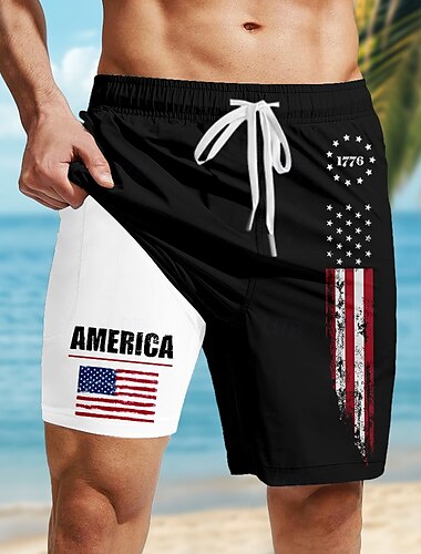  Självständighetsdagen Herr Amerikanska amerikanska flaggan Patriotisk 1776 Fodrade shorts 2 i 1 simshorts Badshorts Medium Midja Helgdag Sidfickor Med kompressionsfoder Elastisk dragsko i midjan