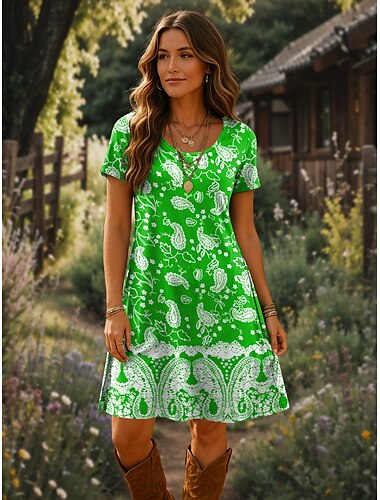  Damen Minikleid T-Shirt-Kleid A Linie Kleid Sommerkleid Lässig Täglich Normale Passform Blumen Grafik Paisley-Muster Kurzarm Rundhalsausschnitt Rote Blau Braun Grün Sommer Frühling