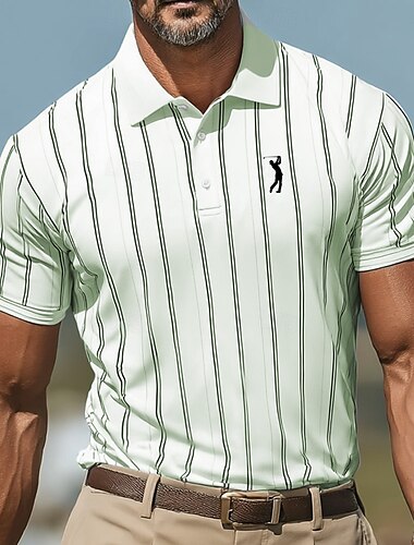  Herren Sport-Poloshirts Sport Revers Kurzarm Vertikale Streifen Knöpfe Sommer Rubinrot Weiß Grün Sport-Poloshirts