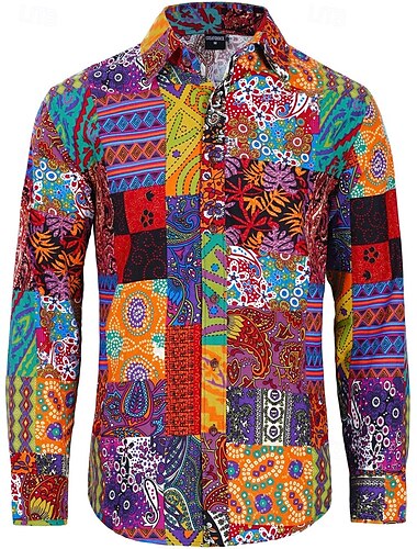  Retro Vintage Boho 1970er Hemd Hippie Patchwork Psychedelisch Herren Halloween Karneval Straßentanz Retro-Mottoparty Festival Erwachsene Hemd