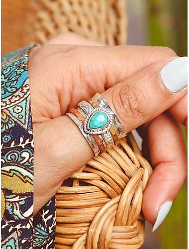  Bague bohème turquoise pour femme – Design multi-bandes argenté vintage avec pierre en forme de larme pour un usage décontracté, en voyage ou lors d'un festival