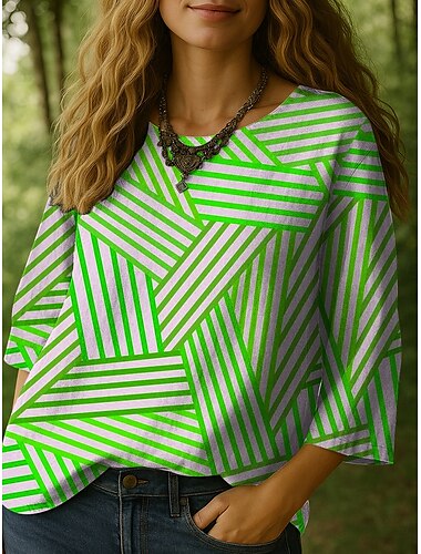  Mujer Blusa Graphic A Rayas Bohemia Vintage Manga 3/4 Cuello Barco Tops regulares Diario Festivos Estampado Azul Piscina Morado Verde Trébol Verano Primavera