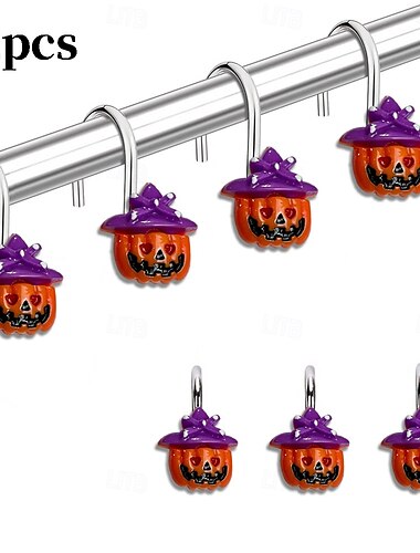  Halloween Duschvorhanghaken für Halloween Badezimmer Dekor Rostfreier Edelstahl Duschvorhangringe Halter Set mit 12 Hexenhut Kürbis Badezimmer Zubehör Set