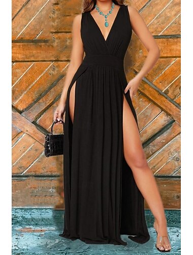  Femmes Robe maxi Robe trapèze Occasionnel Extérieur Sortir Coupe régulière Couleur Unie Sans manches Col en V Noir Été