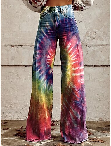  Retro Antiguo Boho Años 70 Pantalones Pantalones de pierna ancha Hippie Disco Alta cintura Floral Estilo de jeans falsos Mujer Víspera de Todos los Santos Carnaval Festival de Música Desfile del