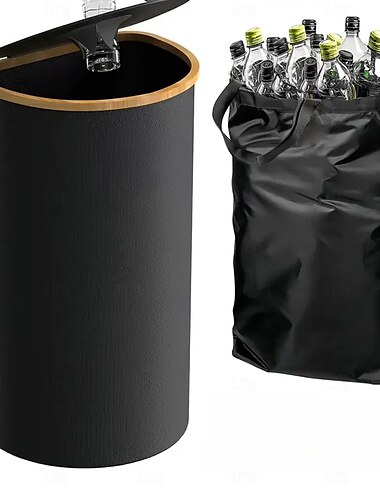  Poubelle de recyclage pour cuisine, maison, poubelle pliable en forme de D de 100 l avec cadre en bambou, tissu Oxford, sacs intérieurs amovibles en polyester, support à 5 tiges, trieuse de déchets