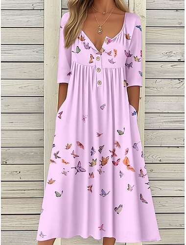  Damen Midikleid Freizeitkleid Sommerkleid A Linie Kleid Faltenkleid Urlaub Lässig Strand Ferien Lässiger Schnitt Blumen Grafik Kurzarm Rundhalsausschnitt Weiß Rosa Blau Sommer