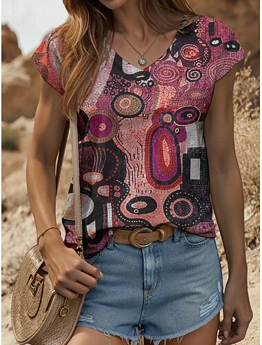  Damen Art Camisole Tank Top Grafik Geometrisch Tropisch Stilvoll Lässig Ärmellos Kurzarm V-Ausschnitt Normal Oberteile Alltag Ausgehen Wochenenddruck Gelb Rosa Blau Lila Grün Sommer Frühling