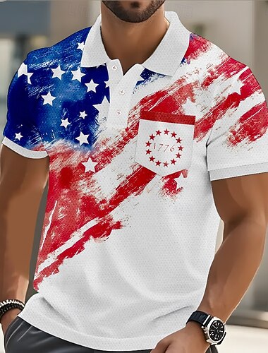  4 juillet 2026, 250e anniversaire Homme Drapeau Américain Polo Manche Courte Polos Chemises à Col Occasionnel Extérieur Athleisure Tenue quotidienne Avec Poches Impression 3D Été Bleu Clair-Blanc