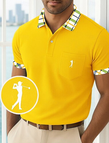 Herren Golfshirt Piqué-Poloshirt Geschäft Lässig Gerippter Polokragen Kurzarm Mode Basic Einfarbig Karomuster Knöpfe Logo Sommer Frühling Frühling & Herbst Normale Passform Gelb Marineblau Grün