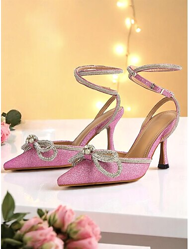  Escarpins à bride cheville pailletés roses pour femmes avec nœuds en strass - chaussures habillées à bout pointu pour cocktails et soirées