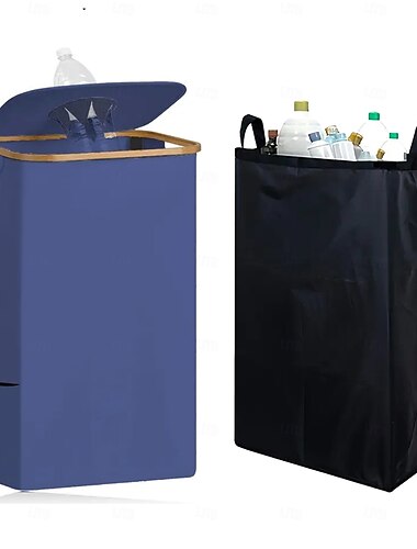  Poubelle de recyclage pour cuisine intérieure, poubelle pliable de 100 l/26,5 gallons avec cadre en bambou, sacs intérieurs amovibles, tissu Oxford, ouverture supérieure ronde, trieuse de déchets pour