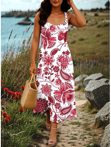  Dames Maxi-jurk A lijn jurk Zomerjurk Off-the-shoulder jurk Vakantie Casual Feest Afspraakje Normale pasvorm Bloemig Grafisch Tribal Mouwloos Vierkante hals Rood Oranje Groen Zomer Lente