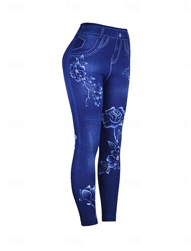  Damen Leggings Hosen 3D Druck Chinos Urlaub Vintage Streetwear Voll Längen Hohe Taille Blumen Drucken Bequem Weich Komfortabel Dehnbar Outdoor Straße Blau Sommer Slim Fit