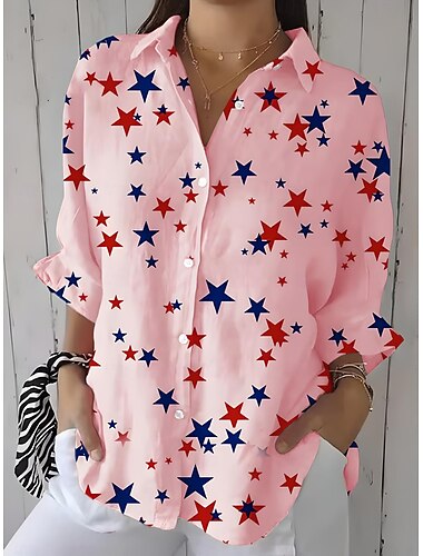  Unabhängigkeitstag Damen Patriotisches Fourth of July Hemd Grafik Flagge Stern Vintage Tropisch Alltag Langarm Hemd Kragen Regelmäßige Oberteile Arbeit Alltag Knopf Druck Weiß Rosa Blau Sommer