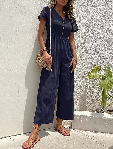  Dames Normaal Katoenen linnen broek Streetwear Effen Kleur Korte mouw V-hals Knop Straat Dagelijks Normale pasvorm Zwart Marineblauw Groen Zomer