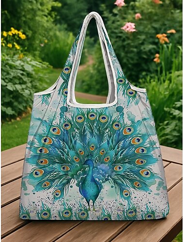  Opvouwbare boodschappentas met pauwenprint voor dames - grote herbruikbare boodschappentas met elegant aquarelontwerp, lichtgewicht en stijlvol, ideaal voor dagelijks gebruik, reizen en milieuvriendelijk winkelen