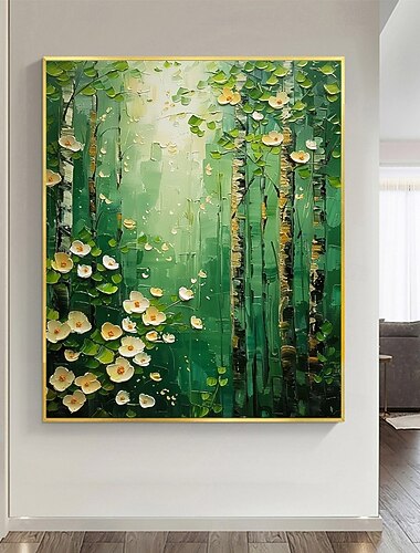  Peinture à l'huile originale faite à la main de forêt verte sur toile, art mural abstrait de paysage d'arbre pour la décoration intérieure avec cadre tendu sans cadre intérieur