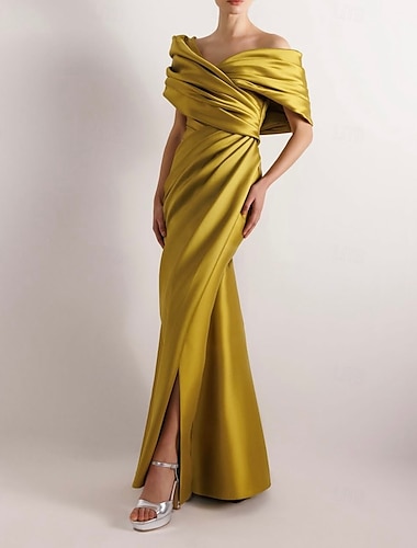  Meerjungfrauenschnitt Abendkleid Elegant Kleid Formell Hochzeit Bodenlang Ärmellos Schulterfrei Satin mit Gerafft Schlitz 2025