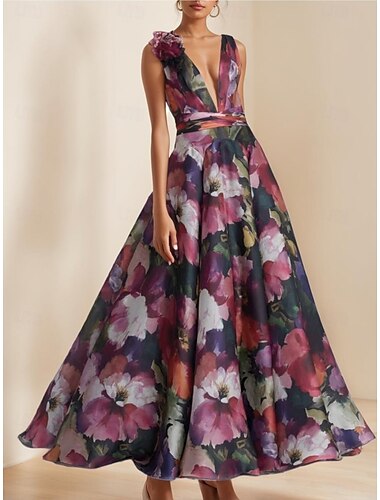  A-line večerní šaty elegantní šaty formální svatební podlahová délka bez rukávů V výstřih organza s květinovým potiskem květina svatební hosté šaty