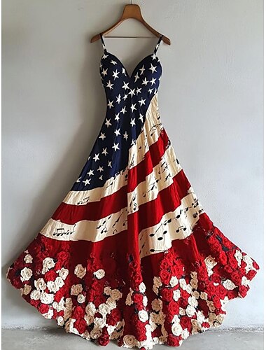  Självständighetsdagen Kvinnors patriotiska fjärde juli maxi klänning sundress A-linje klänning slip klänning semester avslappnad utegrill strand vanlig passform grafisk nationalflagga ärmlös V-hals